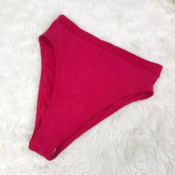 New L*SPACE Frenchi Bottom Bitsy Cut High Waist Bikini Pointelle Rib Red Large - Picture 2 of 10